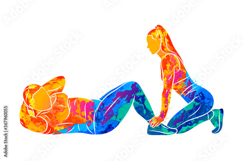 Abstract young plus-size woman does a press exercise with a trainer from splash of watercolors. Vector illustration of paints. Improves the abdominal muscles. Fitness, weight loss