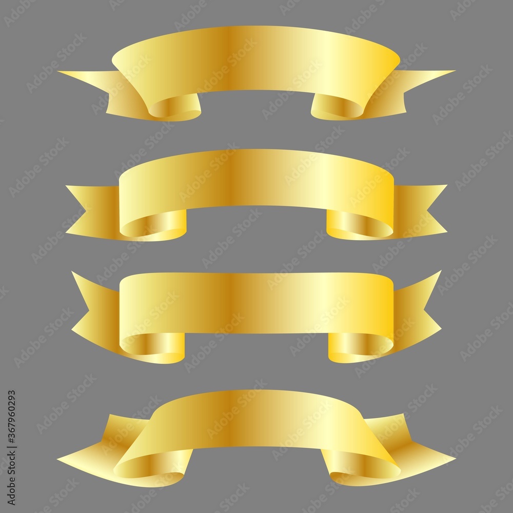 Trendy Realistic Gold Vector Ribbons Set, banner and arc curved variety style, isolated on gray background. Detailing for your design poster and award-winning project with trendy golden ribbon with go Trendy Realistic Gold Vector Ribbons Set, banner and arc curved variety style, isolated on gray background. Detailing for your design poster and award-winning project with trendy golden ribbon with go