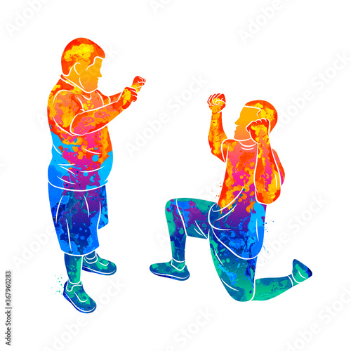 Abstract trainer helps a boy with down syndrome from splash of watercolors. Special needs. Vector illustration of paints
