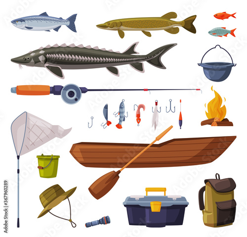 Fishing Equipment Set, Freshwater Fishes, Fishing Tools, Apparel, Boat, Accessories Cartoon Vector Illustration