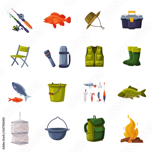 Fishing Equipment Set, Fishing Rod, Backpack, Vest, Thermos, Flashlight, Bucket, Bonfire, Rubber Boots Cartoon Vector Illustration