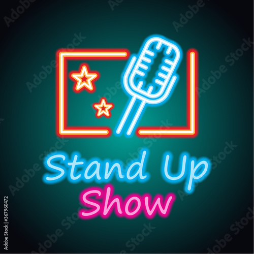 stand up neon sign for stand up comedy advertisement. vector illustration