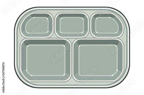 Stainless food tray for children. Colored vector illustration.