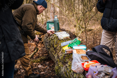 Obraz na płótnie Tourist picnic on the tree trunk with different snacks and tea