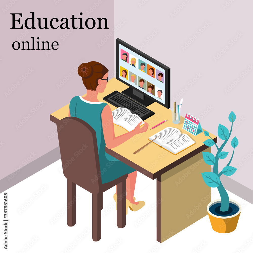 Professional teacher woman sits in front of computer screen. Online lesson. Vector isometric 3d banner. Concept video lesson. A writing desk with a laptop. Online education. E-learning landing page. Professional teacher woman sits in front of computer screen. Online lesson. Vector isometric 3d banner. Concept video lesson. A writing desk with a laptop. Online education. E-learning landing page.