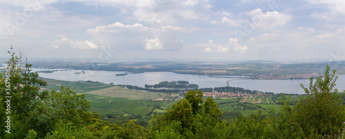 Panoramic view to reservoir Nove mlyny from lookout. Palava, Czech republic