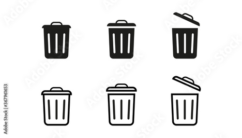Set of trash bin icons in outline and bold design. Garbage rubbish sign. Recycling basket container. Utilization bucket in simple style. Isolated garbage trashbin. Vector EPS 10.