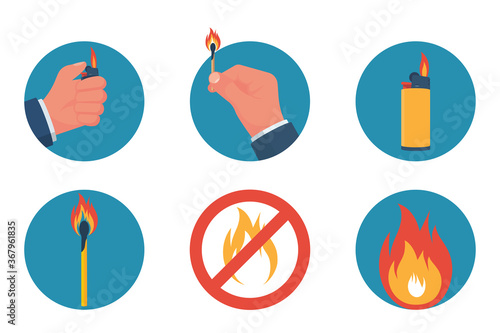 Color icon fire and objects of ignition, lighter and matches. Items in hands are isolated on white background. Vector illustration flat design. Fire hazard warning.