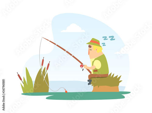 Fisherman Snoozing Sitting on Lake Shore with Fishing Rod Cartoon Vector Illustration