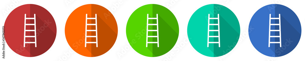 Ladder icon set, step, climb, tool, level, red, blue, green and orange flat design web buttons isolated on white background, vector illustration Ladder icon set, step, climb, tool, level, red, blue, green and orange flat design web buttons isolated on white background, vector illustration