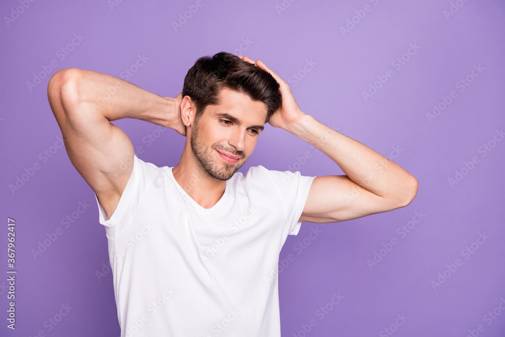 Close-up portrait of his he nice attractive content cheery dreamy brown-haired guy touching soft silky hair isolated over bright vivid shine vibrant lilac violet purple color background Close-up portrait of his he nice attractive content cheery dreamy brown-haired guy touching soft silky hair isolated over bright vivid shine vibrant lilac violet purple color background