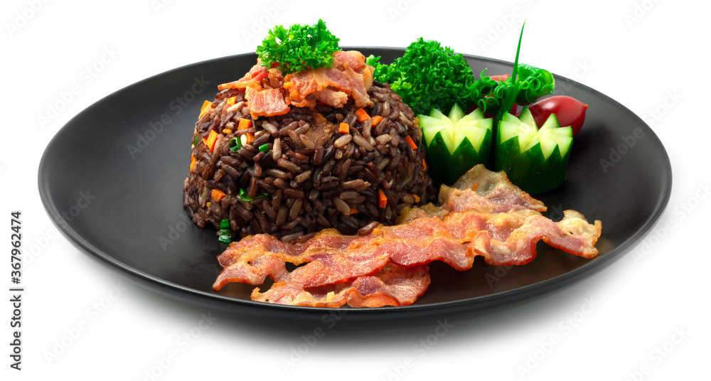 Fototapeta premium Fried Rice with Bacon (Brown Riceberry) European Combination Asain Food