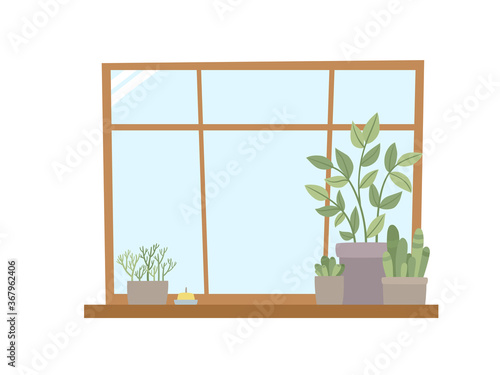 Illustration of house plants pots in window for home interior