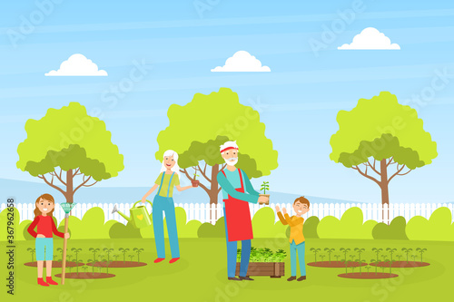 Grandparents and Children Working in Garden Together, Grandchildren Helping their Grandpa and Grandma Cartoon Vector Illustration