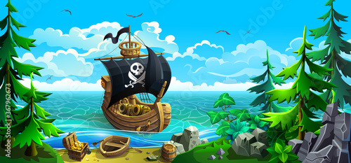 Wooden ship with sails. Pirates in search of treasure chests. Rocky coastline with firs and sandy beach. Vector illustration.