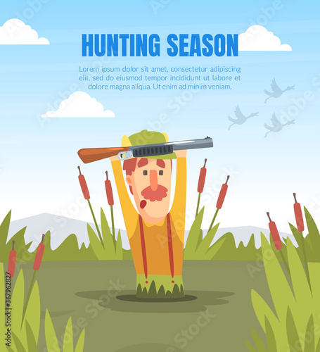 Hunting Season Banner Template with Funny Man Hunter Character Drowning in Swamp Cartoon Vector Illustration