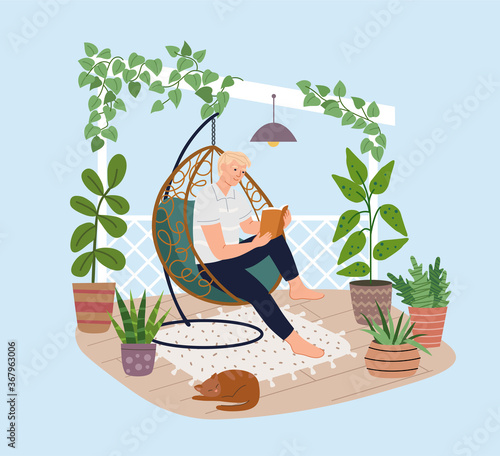 Young man relaxing in hanging chair on the terrace. Boy reading book in the garden. Home garden and cute exterior design. Modern illustration.