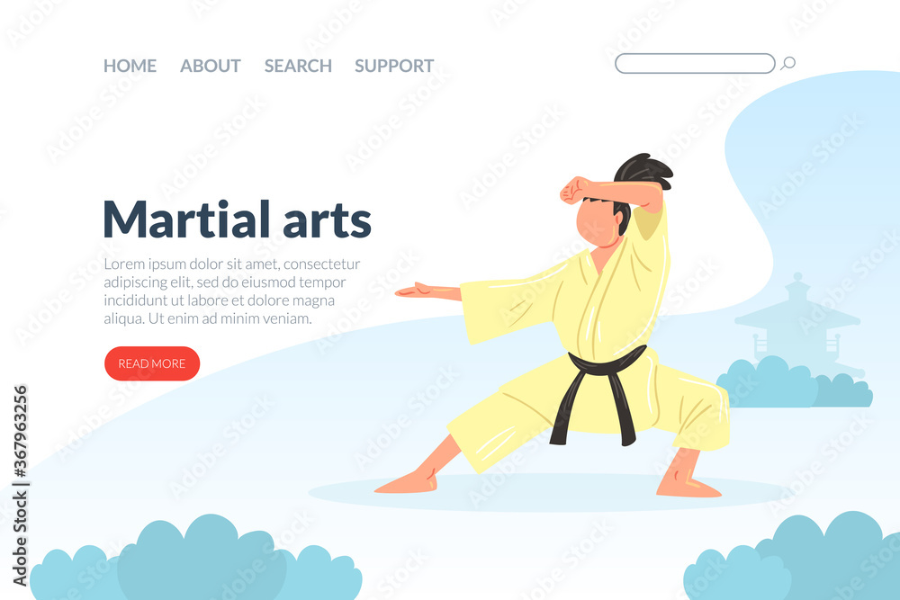 Martial Arts Landing Page Template, Karate, Judo, Taekwondo, Aikido School Website, Homepage Design, Asian Martial Art Fighters Cartoon Vector Illustration