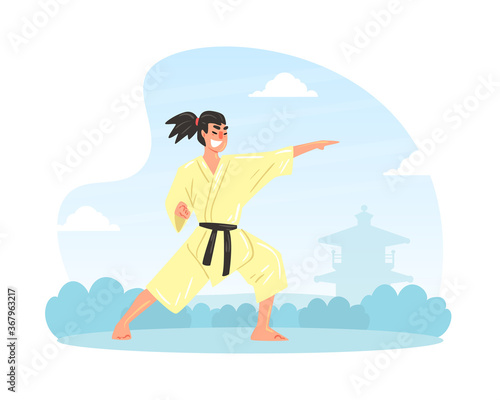 Martial Art Fighter, Asian Man Wearing Kimono Training Outdoors Cartoon Vector Illustration