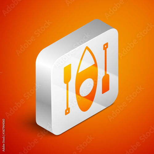 Isometric Kayak and paddle icon isolated on orange background. Kayak and canoe for fishing and tourism. Outdoor activities. Silver square button. Vector.