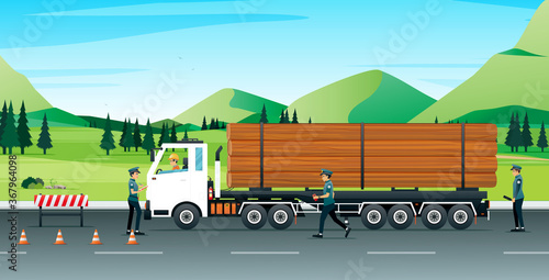 Log trucks stopped for police to check the accuracy and discipline of traffic.

