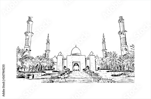 Building view with landmark of Abu Dhabi, the capital of the United Arab Emirates. Hand drawn sketch illustration in vector.