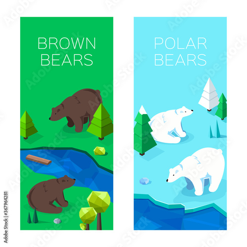 Vertical banners wirh isometric brown and polar bears. North landscapes.