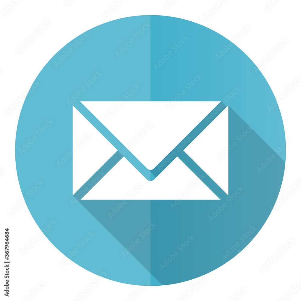 Email vector icon, envelope flat design blue round web button isolated on white background Email vector icon, envelope flat design blue round web button isolated on white background