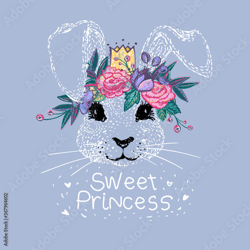 Cute bunny sweet princess with embroidery flowers crown vector illustration. Baby girl shower card. Beautiful kids fashion graphic. Cartoon bunny face. Vintage watercolor style doodle.