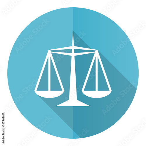 Justice vector icon, flat design blue round web button isolated on white background