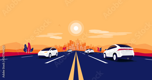 Car traffic on the road panoramic perspective horizon vanishing point view. Flat vector cartoon style illustration urban landscape vehicle motorway, skyline city buildings and highway going to city.