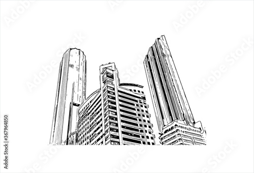 Building view with landmark of Abu Dhabi, the capital of the United Arab Emirates. Hand drawn sketch illustration in vector.