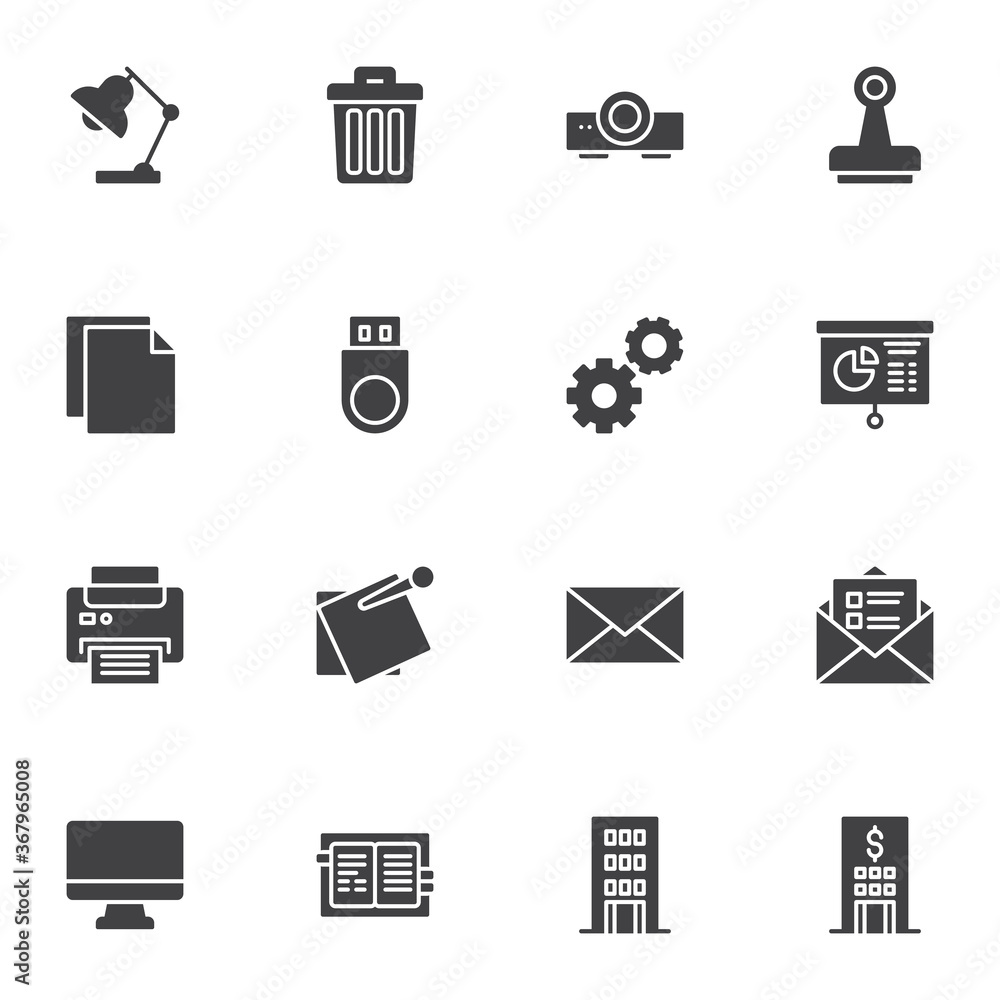 Business and office vector icons set, modern solid symbol collection, filled style pictogram pack. Signs, logo illustration. Set includes icons as bank building, presentation projector, printer, stamp