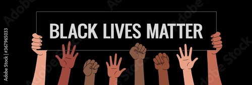 Black lives matter horizontal banner with protest fist in the air. BIPOC.Stop racism. Black lives matter graphic poster design template against racial discrimination dark background