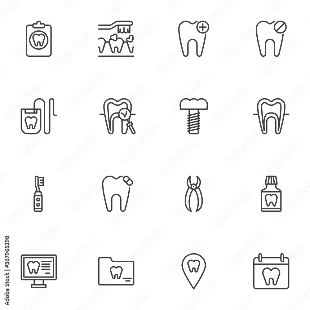 Dentistry line icons set, outline vector symbol collection, linear style pictogram pack. Signs, logo illustration. Set includes icons as implant tooth, dental floss, mouthwash bottle, toothbrush Dentistry line icons set, outline vector symbol collection, linear style pictogram pack. Signs, logo illustration. Set includes icons as implant tooth, dental floss, mouthwash bottle, toothbrush