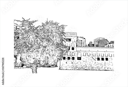 Building view with landmark of Abu Dhabi, the capital of the United Arab Emirates. Hand drawn sketch illustration in vector.