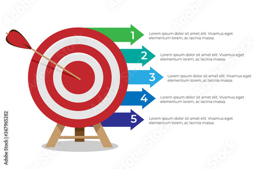 Dartboard arrows hitting target, objective achieved, target concept with five steps infographics photo