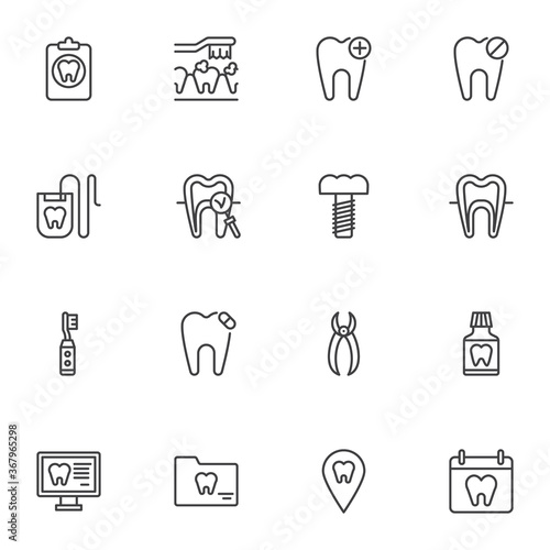 Dentistry line icons set, outline vector symbol collection, linear style pictogram pack. Signs, logo illustration. Set includes icons as implant tooth, dental floss, mouthwash bottle, toothbrush