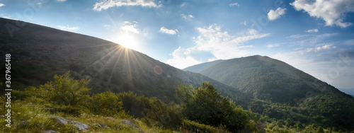 Panoramic photo of summer mountain of Dry mountain in Serbia. Idyllic mountain scenery, beautiful sunny day in summertime