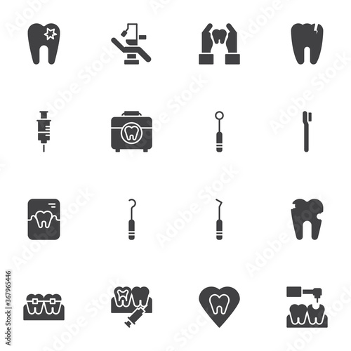 Dentist, orthodontics vector icons set, dentistry modern solid symbol collection, filled style pictogram pack. Signs, logo illustration. Set includes icons as caries treatment, dental tooth prosthesis