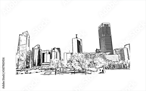 Building view with landmark of Abu Dhabi, the capital of the United Arab Emirates. Hand drawn sketch illustration in vector.