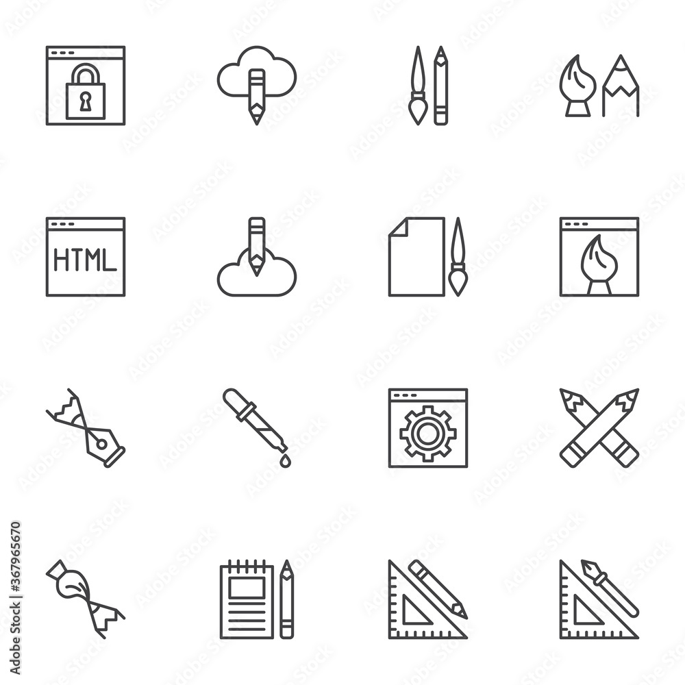 Design and drawing line icons set, outline vector symbol collection, linear style pictogram pack. Signs, logo illustration. Set includes icons - website development, seo, digital art, project briefing Design and drawing line icons set, outline vector symbol collection, linear style pictogram pack. Signs, logo illustration. Set includes icons - website development, seo, digital art, project briefing