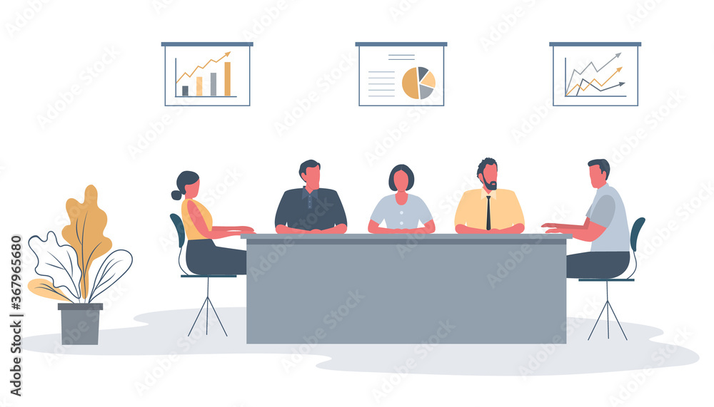 Office workers during the meeting. Employees are sitting at the table in the office. There is also a flower, and diagrams on the wall in the image. Conference hall. Funky flat style. Vector Office workers during the meeting. Employees are sitting at the table in the office. There is also a flower, and diagrams on the wall in the image. Conference hall. Funky flat style. Vector