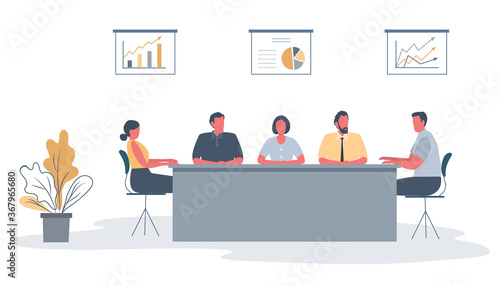 Office workers during the meeting. Employees are sitting at the table in the office. There is also a flower, and diagrams on the wall in the image. Conference hall. Funky flat style. Vector