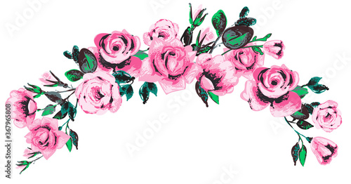 Roses flowers wedding arch vector illustration. Garden celebration decoration design. Romantic floral card. Beautiful watercolor embroidery patch isolated on white background
