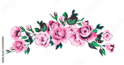 Roses flowers wreath vector illustration. Wedding celebration decoration design. Romantic floral card. Spring flower bouquet frame. Beautiful watercolor embroidery patch isolated on white background