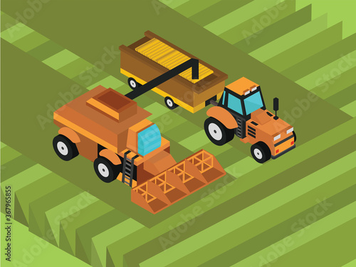 Combine harvester and tractor 3d isometric view