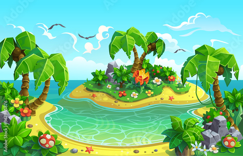 Tropical islands with fantastic plants and palm trees. Vector illustration.