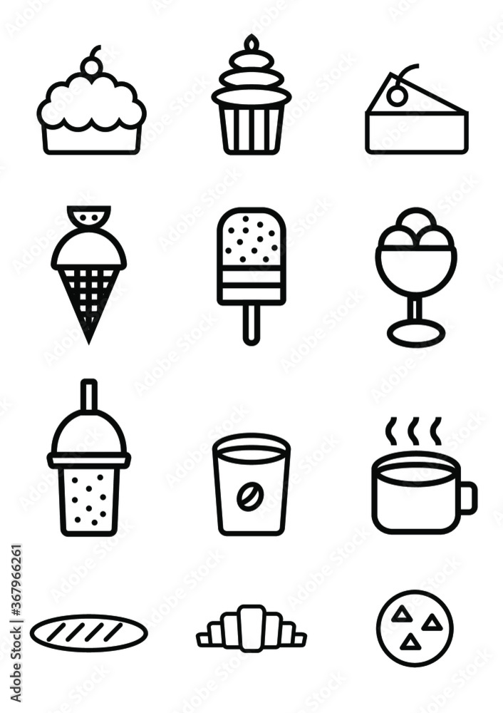 Sweets and Drinks Outline Icons set 12 icons. Editable strokes. creative design icon, vector illustration Sweets and Drinks Outline Icons set 12 icons. Editable strokes. creative design icon, vector illustration