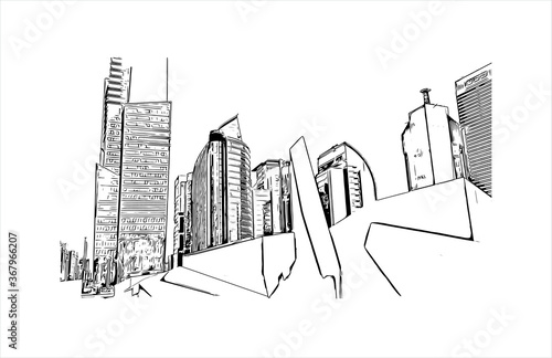 Building view with landmark of Abu Dhabi, the capital of the United Arab Emirates. Hand drawn sketch illustration in vector.